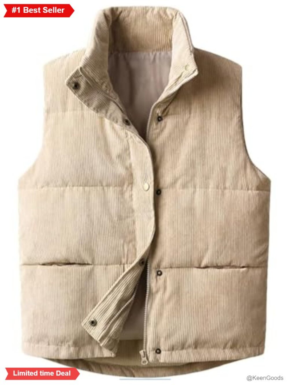 Women's Corduroy Puffer Vest Quilted Zip Up Snap Button Sleeveless Warm